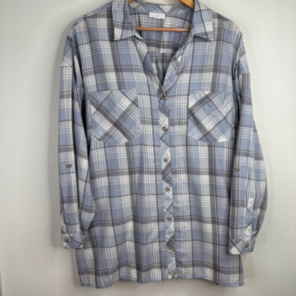 J Jill Plaid Top 2X Purple Button Up Roll Tab Minimalist Preppy Neutral Spring - Picture 10 of 10